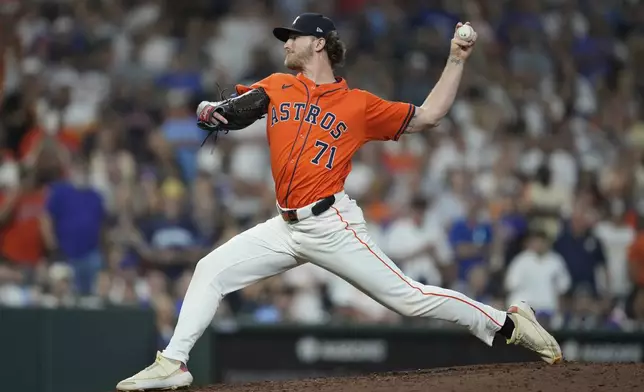 Houston Astros relief pitcher Josh Hader throws during the ninth inning of a baseball game against the Chicago Cubs in Houston, Friday, June 27, 2025. (AP Photo/Ashley Landis)