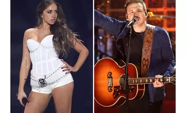 Tate McRae performs during Z100's iHeartRadio Jingle Ball in New York on Dec. 13, 2024, left, and Morgan Wallen performs "Man Made a Bar" at the 57th Annual CMA Awards in Nashville, Tenn., on Nov. 8, 2023. (AP Photo)