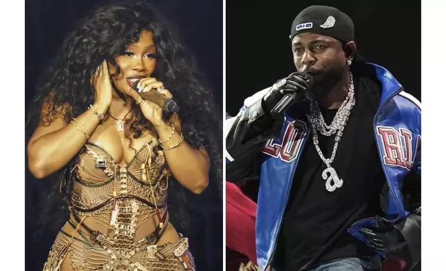 SZA performs during the Glastonbury Festival in Somerset, England, on June 30, 2024, left, and Kendrick Lamar performs during halftime of the NFL Super Bowl 59 on Feb. 9, 2025, in New Orleans. (AP Photo)