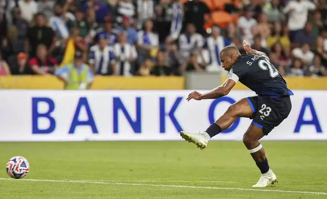 Pachuca's Salomon Rondon takes a shot during the Club World Cup group H soccer match between CF Pachuca and FC Salzburg in Cincinnati, Wednesday, June 18, 2025. (AP Photo/Jeffrey Dean)