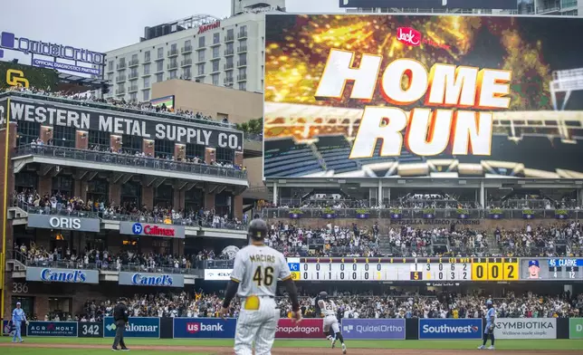 San Diego Padres' Fernando Tatis Jr. (23) runs the bases after hitting a home run in the seventh inning of a baseball game against the Kansas City Royals, Saturday, June 21, 2025, in San Diego. (AP Photo/Tony Ding)