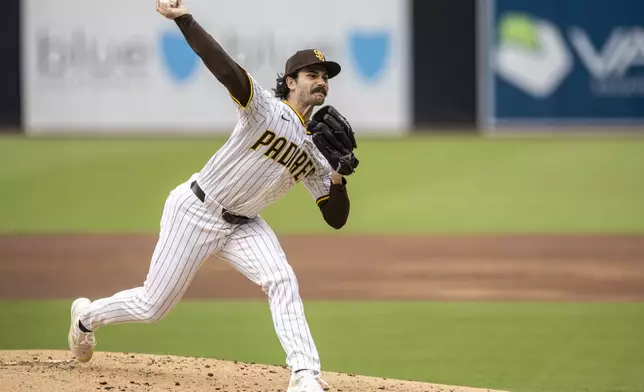 San Diego Padres starting pitcher Dylan Cease throws against the Kansas City Royals in the second inning of a baseball game, Saturday, June 21, 2025, in San Diego. (AP Photo/Tony Ding)
