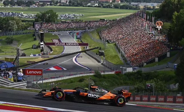 McLaren driver Lando Norris of Britain in action during the qualifying at the Red Bull Ring racetrack, ahead of the Austrian Formula One Grand Prix in Spielberg, Austria, Saturday, June 28, 2025. (AP Photo/Denes Erdos)