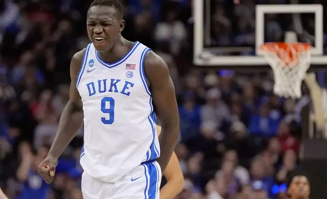 FILE - Duke center Khaman Maluach (9) reacts during the second half of a Sweet 16 round NCAA college basketball tournament game against Arizona, Thursday, March 27, 2025, in Newark, N.J. (AP Photo/Julia Demaree Nikhinson, File)