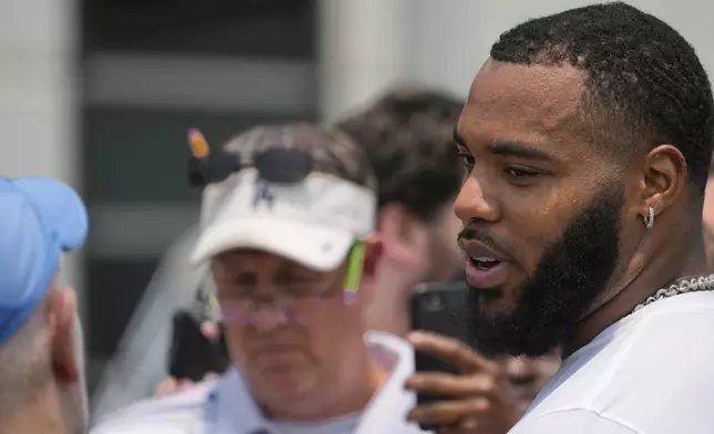 Tennessee Titans defensive tackle Jeffery Simmons speaks during a news conference after practice at NFL football minicamp, Tuesday, June 10, 2025, in Nashville, Tenn. (AP Photo/George Walker IV)