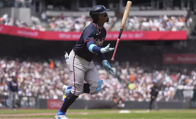 Atlanta Braves' Ronald Acuña Jr. watches his fly out against the San Francisco Giants during the fifth inning of a baseball game in San Francisco, Sunday, June 8, 2025. (AP Photo/Jeff Chiu)