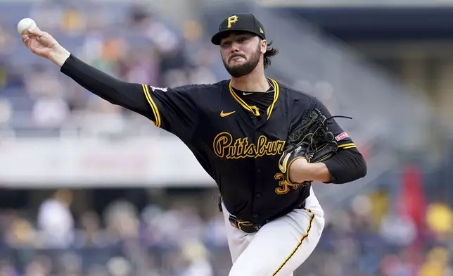 Pittsburgh Pirates pitcher Paul Skenes delivers during the third inning of a baseball game against the Philadelphia Phillies Sunday, June 8, 2025, in Pittsburgh. (AP Photo/Matt Freed)