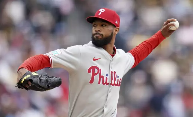 Philadelphia Phillies pitcher Cristopher Sanchez delivers during the first inning of a baseball game against the Pittsburgh Pirates Sunday, June 8, 2025, in Pittsburgh. (AP Photo/Matt Freed)