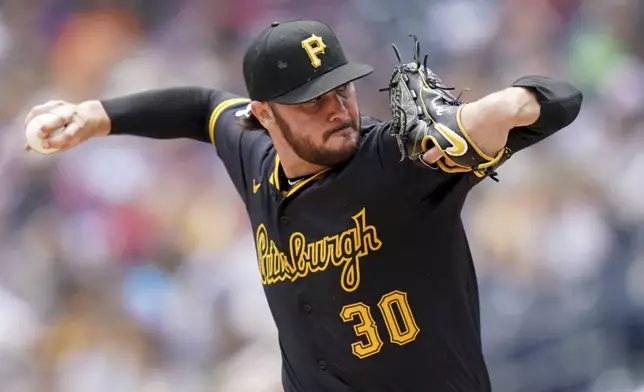 Pittsburgh Pirates pitcher Paul Skenes delivers during the first inning of a baseball game against the Pittsburgh Pirates Sunday, June 8, 2025, in Pittsburgh. (AP Photo/Matt Freed)