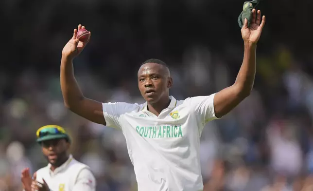 South Africa's Kagiso Rabada celebrates after his five-wicket haul during the World Test Championship final between South Africa and Australia at Lord's cricket ground in London, Wednesday, June 11, 2025. (AP Photo/Kirsty Wigglesworth)