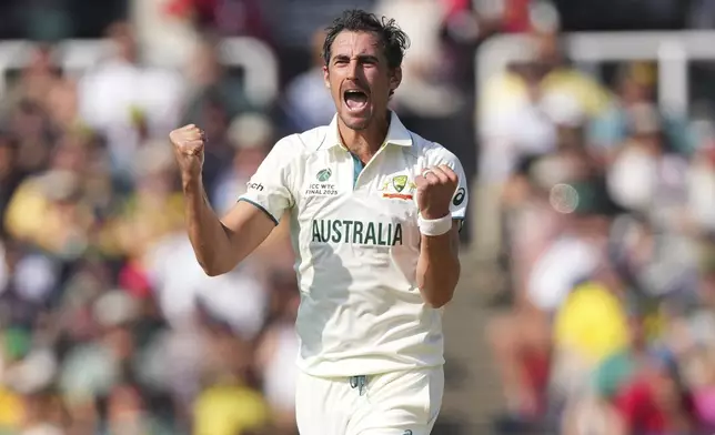 Australia's Mitchell Starc celebrates the dismissal of South Africa's Ryan Rickelton during the World Test Championship final between South Africa and Australia at Lord's cricket ground in London, Wednesday, June 11, 2025. (AP Photo/Kirsty Wigglesworth)
