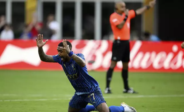 Al-Hilal's Malcom reacts after missing a chance during the Club World Cup Group H soccer match between Salzburg and Al Hilal in Washington, Sunday, June 22, 2025. (AP Photo/Nick Wass)