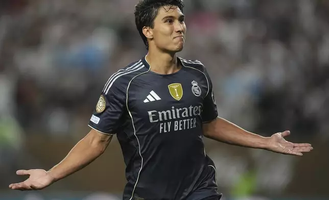 Real Madrid's Gonzalo Garcia celebrates after scoring his team's third goal during the Club World Cup Group H soccer match between Salzburg and Real Madrid in Philadelphia, Thursday, June 26, 2025. (AP Photo/Matt Rourke)