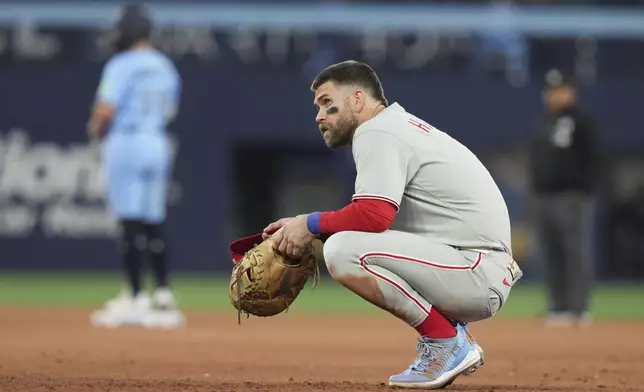 Philadelphia Phillies first base Bryce Harper (3) is seen during fifth inning MLB baseball action against Toronto Blue Jays in Toronto on Tuesday June 3, 2025. (Chris Young/The Canadian Press via AP)
