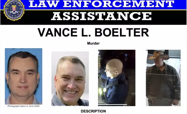 This image provided by the FBI on Saturday, June 14, 2025, shows part of a poster with photos of Vance L. Boelter. (FBI via AP)