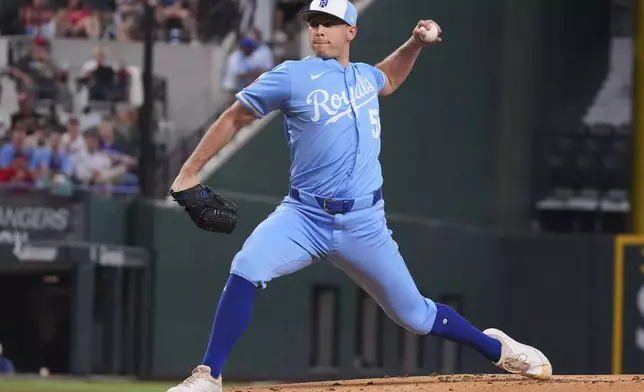 Kansas City Royals starting pitcher Kris Bubic throws during the first inning of a baseball game against the Texas Rangers, Wednesday, June 18, 2025, in Arlington, Texas. (AP Photo/LM Otero)