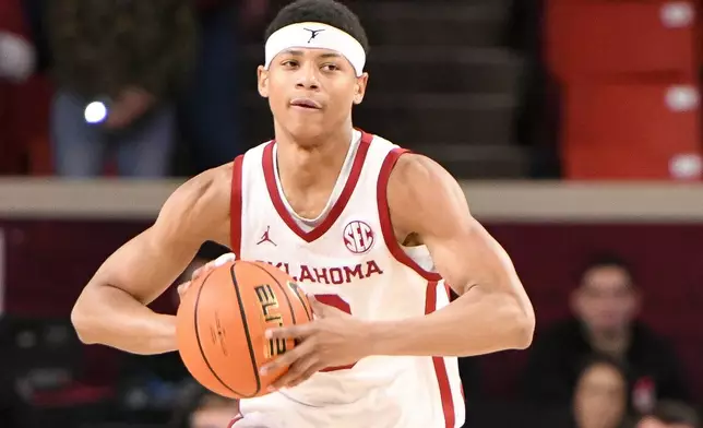 FILE - Oklahoma guard Jeremiah Fears pushes down the court during the first half of an NCAA college basketball game against Texas A&amp;M, Wednesday, Jan. 8, 2025, in Norman, Okla. (AP Photo/Kyle Phillips, File)