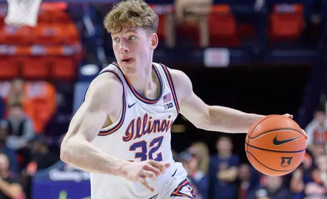 FILE - Illinois' Kasparas Jakucionis advances the ball during an NCAA college basketball game against Michigan State, Saturday, Feb. 15, 2025, in Champaign, Ill. (AP Photo/Craig Pessman, File)