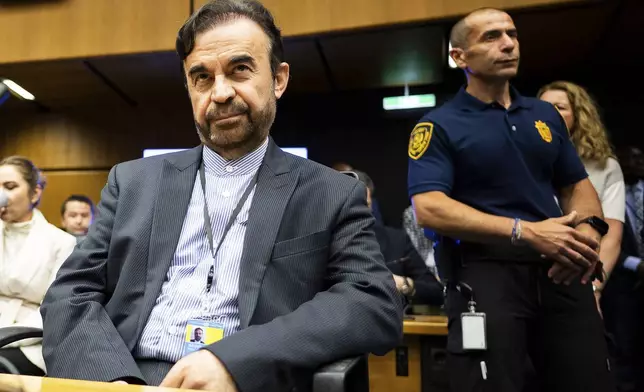 Iran's Ambassador to the International Atomic Energy Agency, IAEA, Reza Najafi, left, attends an IAEA Board of Governors meeting in Vienna, Austria, Monday, June 23, 2025. (AP Photo/Michael Gruber)
