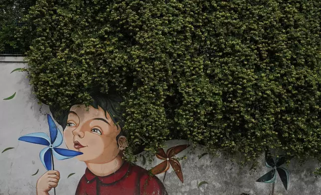 Branches complete the hair of a painting on a wall of Imam Khomeini grand mosque in Tehran, Iran, Saturday, May 3, 2025. (AP Photo/Vahid Salemi)