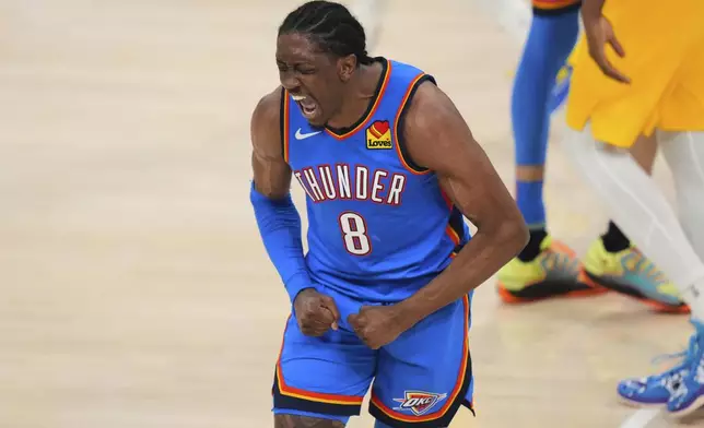 Oklahoma City Thunder forward Jalen Williams reacts during the second half of Game 7 of the NBA Finals basketball series against the Indiana Pacers Sunday, June 22, 2025, in Oklahoma City. (AP Photo/Nate Billings)