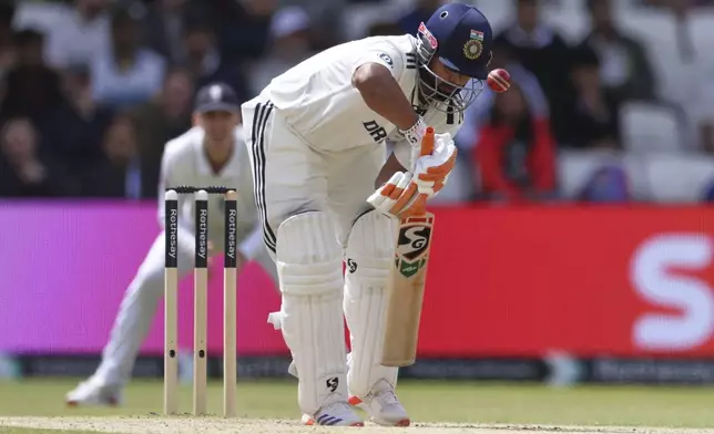 India's Rishabh Pant bats on day four of the first cricket test match between England and India at Headingley in Leeds, England, Monday, June 23, 2025. (AP Photo/Scott Heppell)
