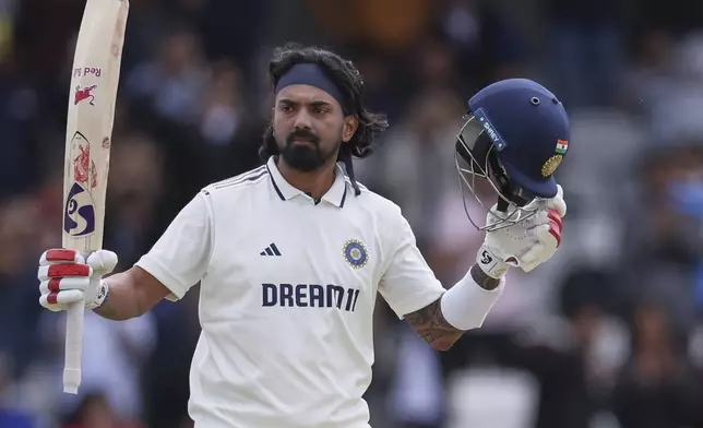 India's KL Rahul celebrates after scoring a century on day four of the first cricket test match between England and India at Headingley in Leeds, England, Monday, June 23, 2025. (AP Photo/Scott Heppell)