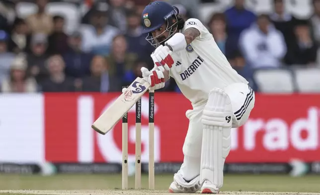 India's KL Rahul bats on day four of the first cricket test match between England and India at Headingley in Leeds, England, Monday, June 23, 2025. (AP Photo/Scott Heppell)