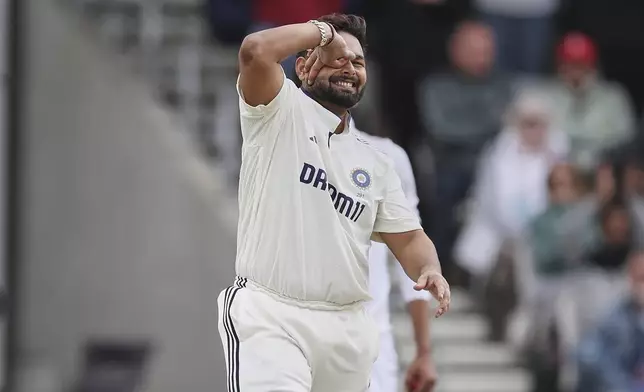 India's Rishabh Pant celebrates after scoring a century on day four of the first cricket test match between England and India at Headingley in Leeds, England, Monday, June 23, 2025. (AP Photo/Scott Heppell)