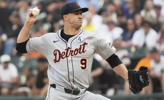Detroit Tigers starting pitcher Jack Flaherty throws against the Chicago White Sox during the first inning of a baseball game in Chicago, Monday, June 2, 2025. (AP Photo/Nam Y. Huh)