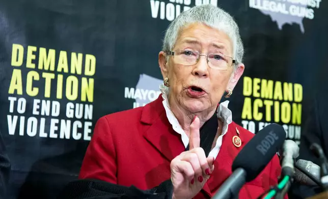 FILE - Rep. Carolyn McCarthy, D-N.Y. speaks on Capitol Hill in Washington, Feb. 12, 2014, of Moms Demand Action and Mayors Against Illegal Guns, to release an analysis of school shootings in America since the massacre in Newtown ahead of Valentine's Day. (AP Photo/Manuel Balce Ceneta, File)