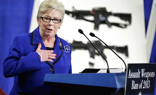 FILE- In this Jan. 24, 2013 file photo, Rep. Carolyn McCarthy, D-N.Y., speaks during a news conference with a coalition of members of Congress, mayors, law enforcement officers, gun safety organizations and other groups on Capitol Hill in Washington, to introduce legislation on assault weapons and high-capacity ammunition feeding devices. (AP Photo/Manuel Balce Ceneta, File)