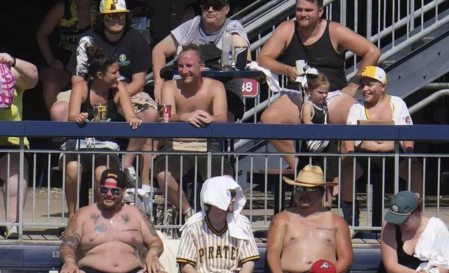 Extreme heat warnings didn't keep these fans from attending a baseball game between the Pittsburgh Pirates and the Texas Rangers in Pittsburgh, Sunday, June 22, 2025. (AP Photo/Gene J. Puskar)