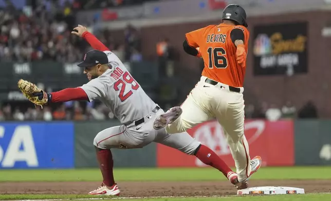 Boston Red Sox first baseman Abraham Toro (29) forces San Francisco Giants' Rafael Devers (16) out a first base during the fifth inning of a baseball game in San Francisco, Friday, June 20, 2025. (AP Photo/Jeff Chiu)