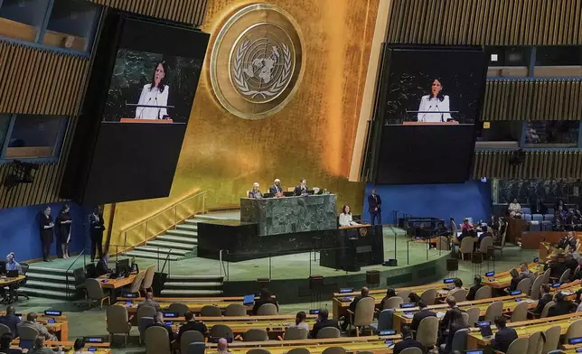 Annalena Baerbock of Germany addresses the United Nations General Assembly after she was elected as president of the 80th session of the body, Monday, June 2, 2025. (AP Photo/Richard Drew)