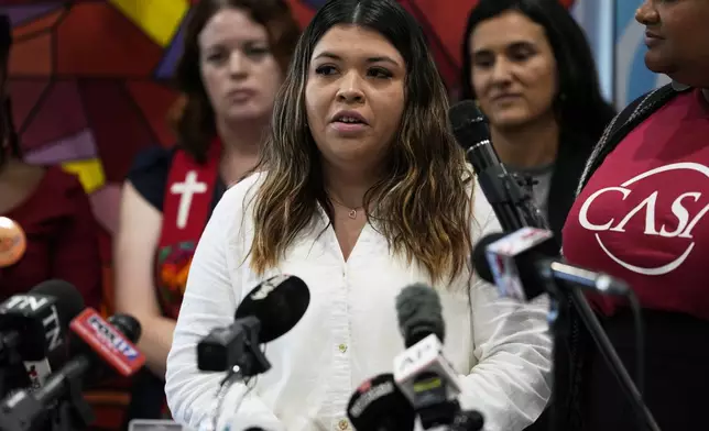 Jennifer Vasquez Sura, wife of Kilmar Abrego Garcia speaks during a news conference Wednesday, June 25, 2025, in Nashville, Tenn. (AP Photo/George Walker IV)