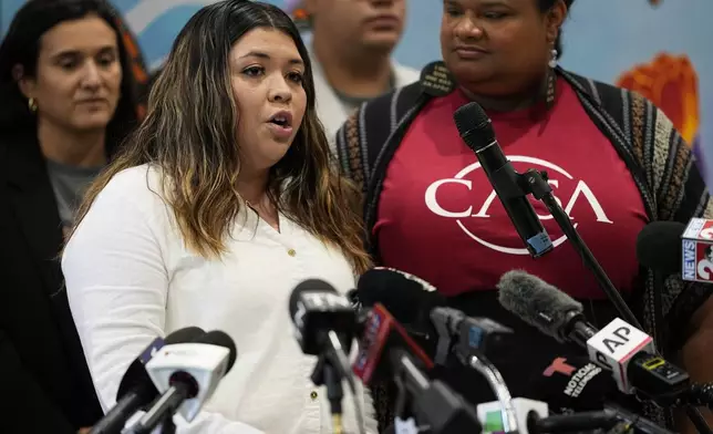 Jennifer Vasquez Sura, wife of Kilmar Abrego Garcia speaks during a news conference Wednesday, June 25, 2025, in Nashville, Tenn. (AP Photo/George Walker IV)