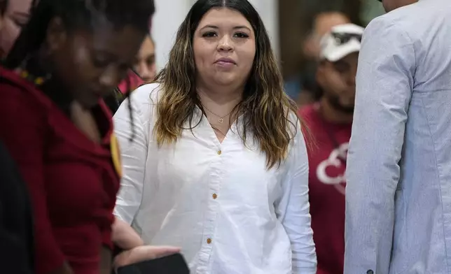 Jennifer Vasquez Sura, wife of Kilmar Abrego Garcia attends a news conference Wednesday, June 25, 2025, in Nashville, Tenn. (AP Photo/George Walker IV)