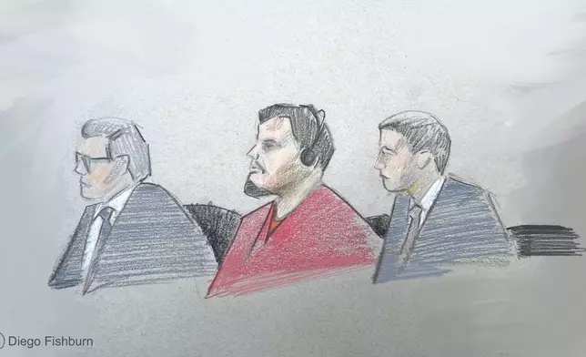 This courtroom sketch depicts, from left, attorney Sean Hecker, Kilmar Abrego Garcia and attorney Rascoe Dean in court during Garcia's detention hearing on Wednesday, June 25, 2025, in Nashville, Tenn. (AP Photo/Diego Fishburn)