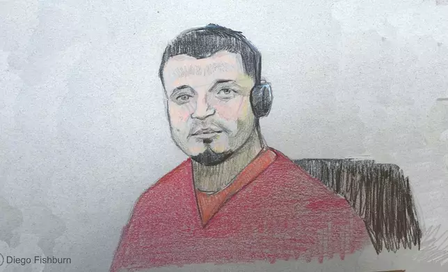 This courtroom sketch depicts Kilmar Abrego Garcia sitting in court during his detention hearing on Wednesday, June 25, 2025, in Nashville, Tenn. (Diego Fishburn via AP)