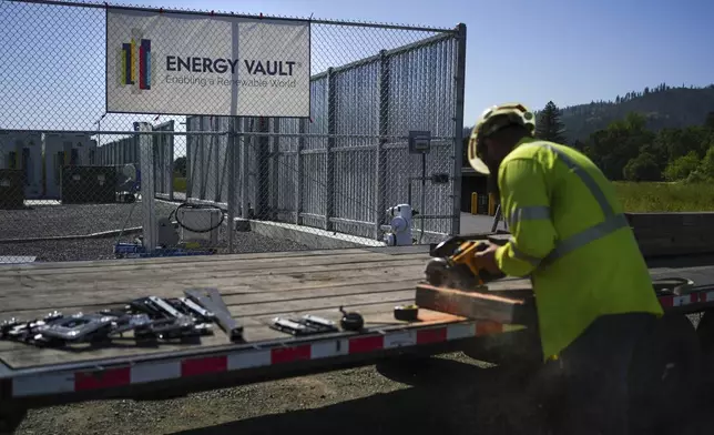 An employee works at Energy Vault on Tuesday, May 27, 2025, in Calistoga, Calif., where the company is building an emergency power system using hydrogen and battery storage. (AP Photo/Annika Hammerschlag)