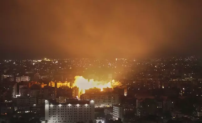 Flames rise following an Israeli airstrike on Dahiyeh in the southern suburb of Beirut, Lebanon, Thursday, June 5, 2025. (AP Photo/Hassan Ammar)