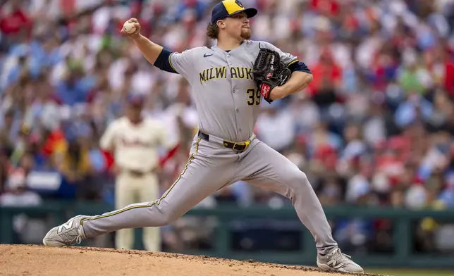 Milwaukee Brewers starting pitcher Chad Patrick delivers during the third inning of a baseball game against the Philadelphia Phillies, Saturday, May 31, 2025, in Philadelphia. (AP Photo/Chris Szagola)