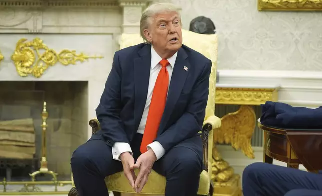 President Donald Trump speaks during a meeting with Germany's Chancellor Friedrich Merz in the Oval Office of the White House, Thursday, June 5, 2025, in Washington. (AP Photo/Evan Vucci)