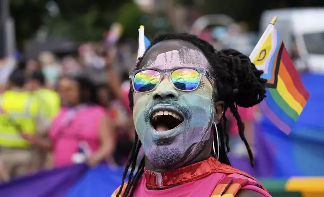 A person attends the World Pride parade, Saturday, June 7, 2025, in Washington. (AP Photo/Alex Brandon)