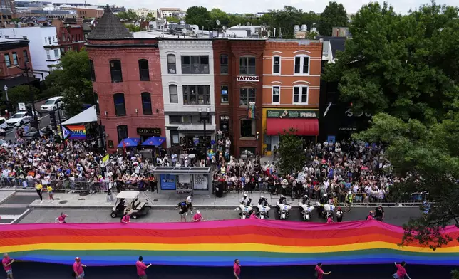 People carry a large pride flag during the World Pride parade, Saturday, June 7, 2025, in Washington. (AP Photo/Julia Demaree Nikhinson)