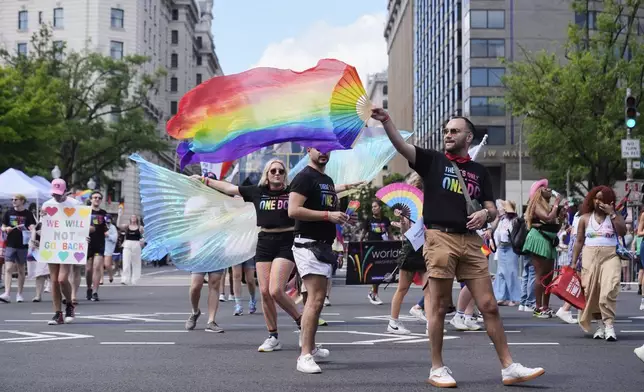 Participants march during the World Pride parade, Saturday, June 7, 2025, in Washington. (AP Photo/Mark Schiefelbein)