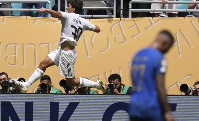 Real Madrid's Gonzalo Garcia celebrates after scoring the opening goal during the Club World Cup group H soccer match between Real Madrid and Al Hilal in Miami Gardens, Fla., Wednesday, June 18, 2025. (AP Photo/Rebecca Blackwell)