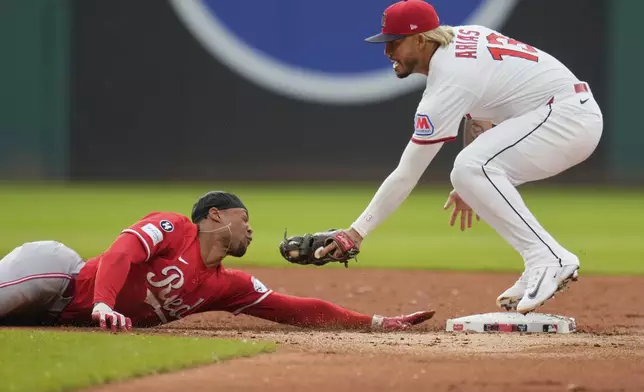 Cincinnati Reds' Will Benson, left, slides safely back to second base as Cleveland Guardians shortstop Gabriel Arias attempts the tag on a pick off attempt in the second inning of a baseball game in Cleveland, Monday, June 9, 2025. (AP Photo/Sue Ogrocki)