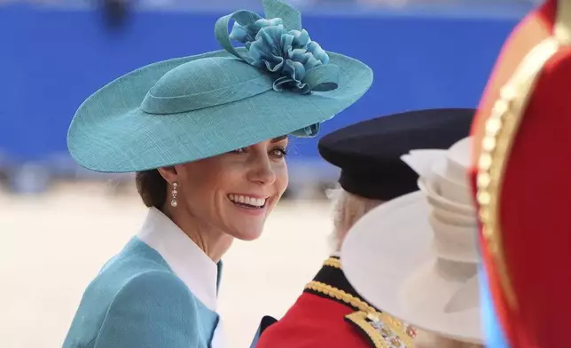 Britain's Kate, The Princess of Wales smiles during the Trooping the Colour, the king's annual birthday parade, at Horse Guards Parade, in London, Saturday, June 14, 2025. (Jonathan Brady/PA via AP)
